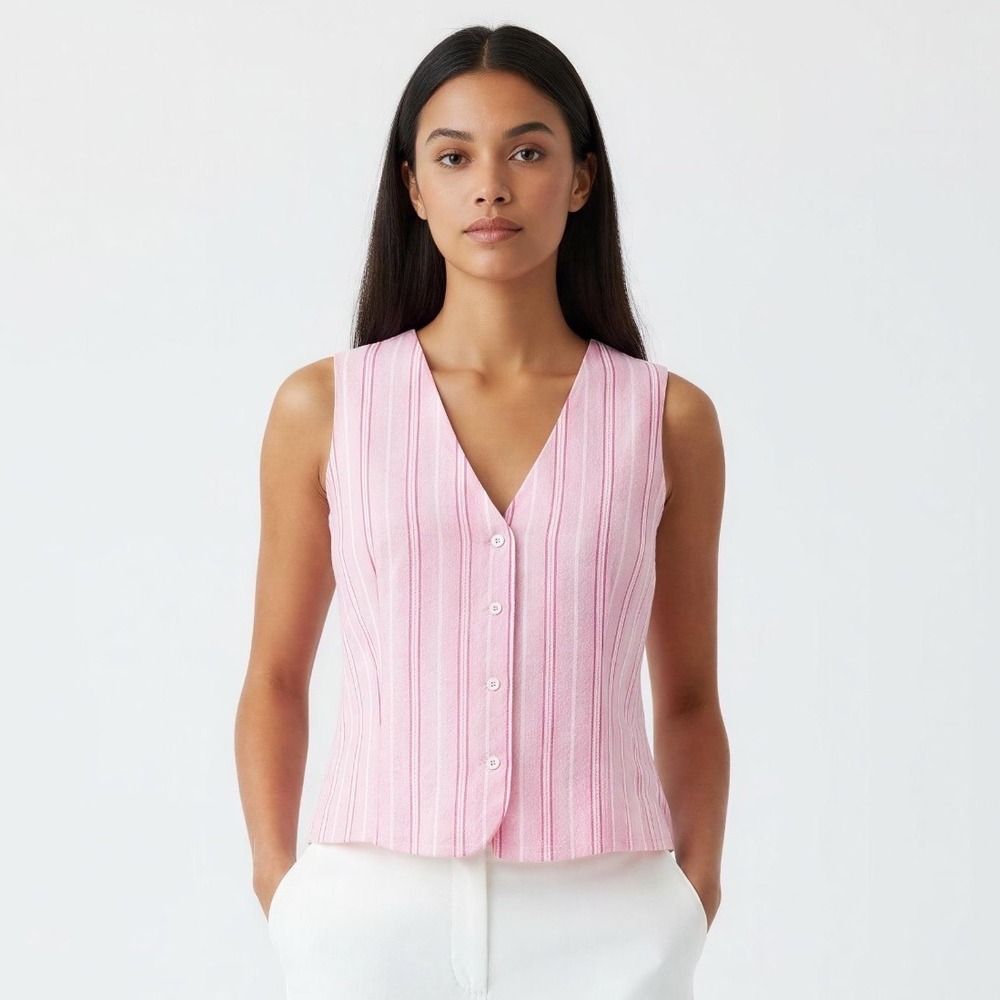 Tamara H. Pink Striped Linen Blend Button Front Vest Waistcoat Size Medium NWT